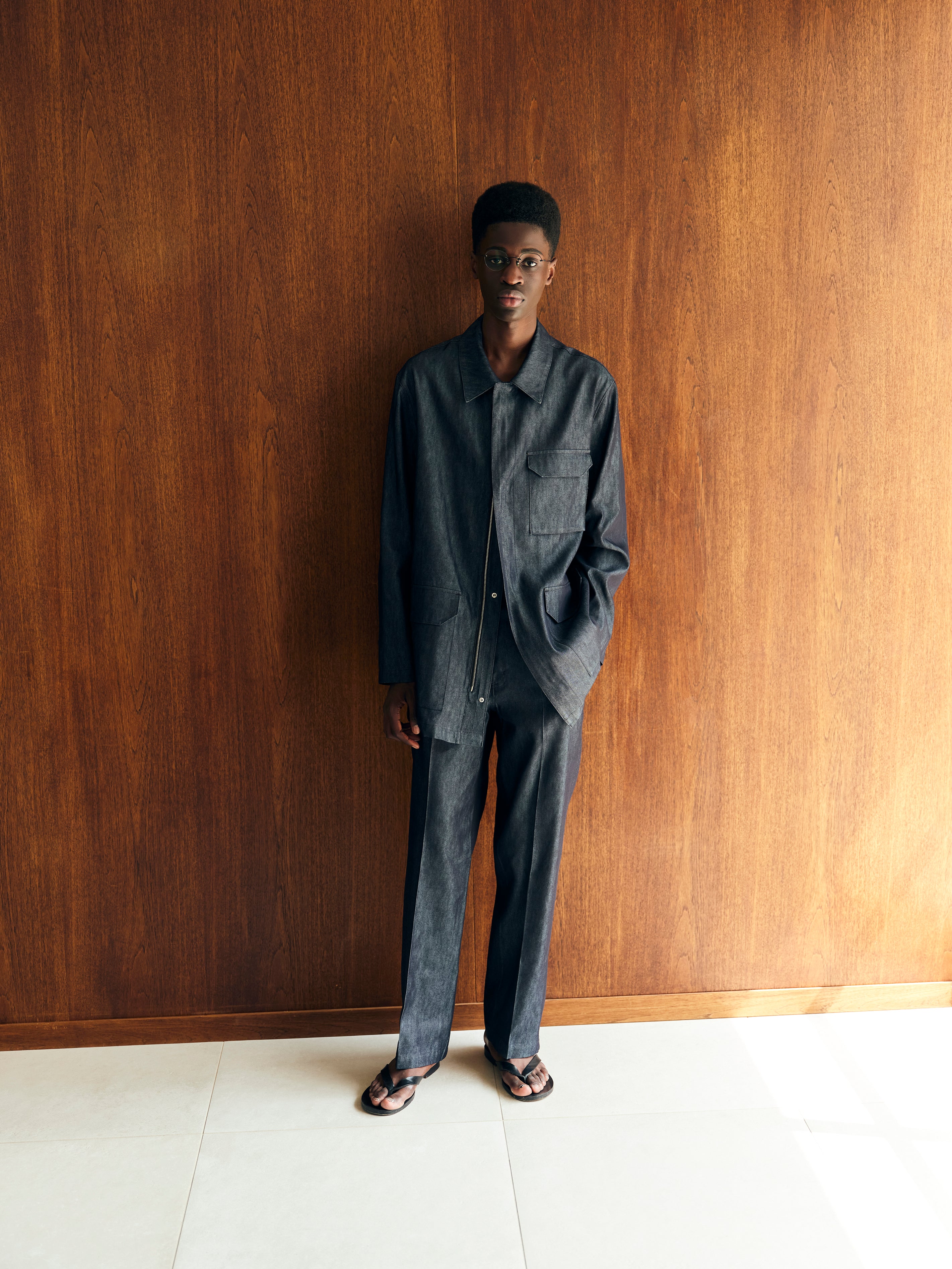 Silk denim Zip coverall（Shiny navy）